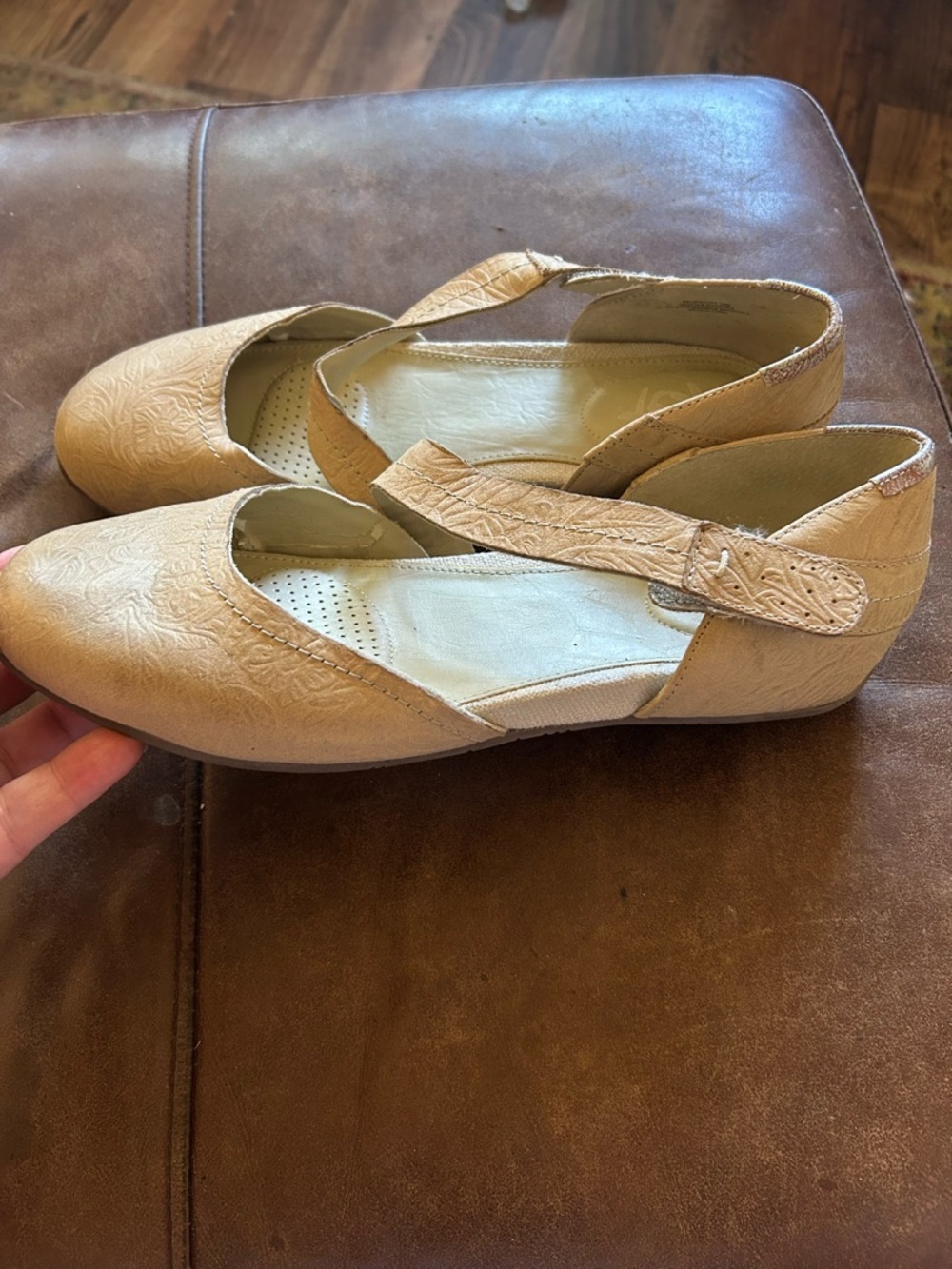 Neutral Tan Mary Jane Flat with Floral Embossing Otbt